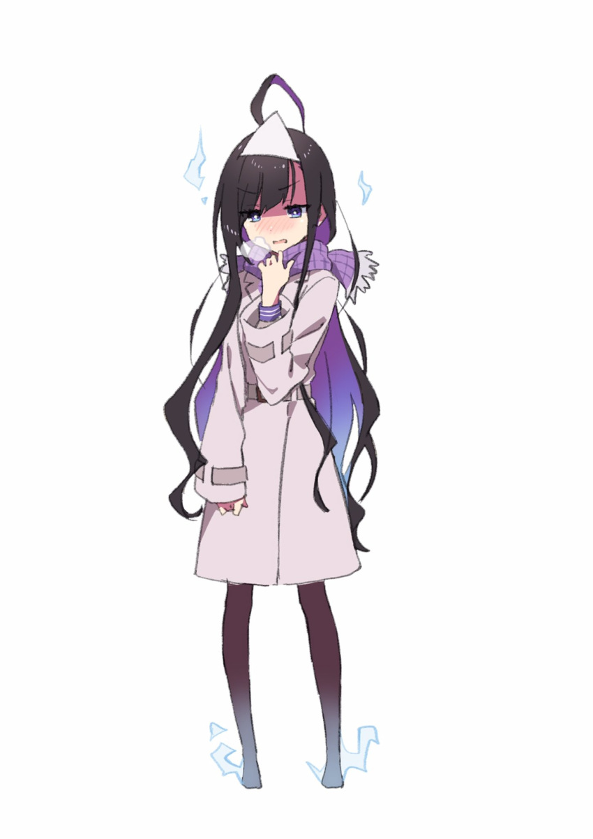 1girl ahoge bangs black_hair blue_eyes blush breath brown_legwear coat commentary_request eyebrows_visible_through_hair full_body grey_coat hand_up highres long_hair long_sleeves looking_at_viewer multicolored_hair nose_blush original pantyhose purple_hair purple_scarf scarf simple_background sleeves_past_wrists solo standing tama_(tama-s) triangular_headpiece two-tone_hair v-shaped_eyebrows very_long_hair white_background white_headwear wide_sleeves yurako-san_(tama)