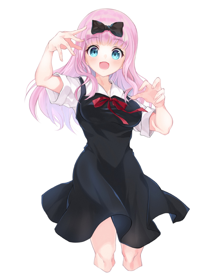 1girl :d bangs black_bow black_dress blue_eyes blunt_bangs blush bow breasts claw_pose collarbone commentary_request cropped_legs dress eyebrows_visible_through_hair fujiwara_chika hair_bow hands_up highres kaguya-sama_wa_kokurasetai_~tensai-tachi_no_renai_zunousen~ large_breasts long_hair looking_at_viewer nanabuluku open_mouth pink_hair red_ribbon ribbon school_uniform short_sleeves shuuchiin_academy_uniform simple_background sleeveless sleeveless_dress smile solo white_background