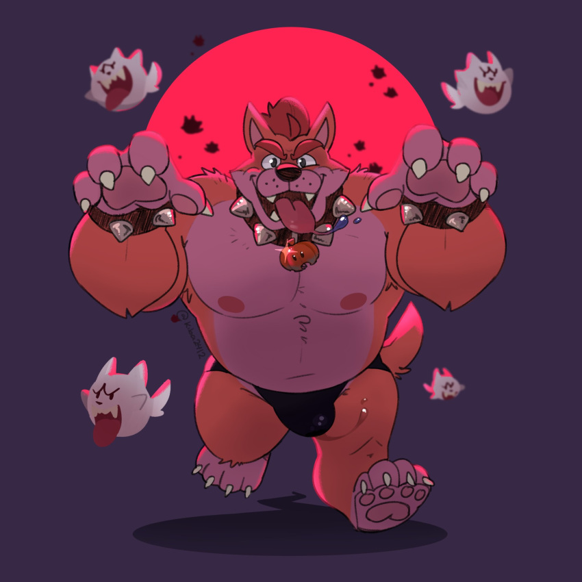 1:1 anthro bodily_fluids boo_(mario) bowser bracelet bulge canid canine claws clothing collar drooling ghost hair halloween hi_res holidays jewelry kiba24 koopa looking_at_viewer male mammal mario_bros musclegut muscular muscular_anthro muscular_male navel nintendo nipples open_mouth open_smile overweight overweight_anthro overweight_male pawpads red_hair running running_towards_viewer saliva scalie simple_background smile solo speedo spiked_bracelet spiked_collar spikes spirit swimwear toe_claws tongue tongue_out video_games were werecanid werecanine werewolf