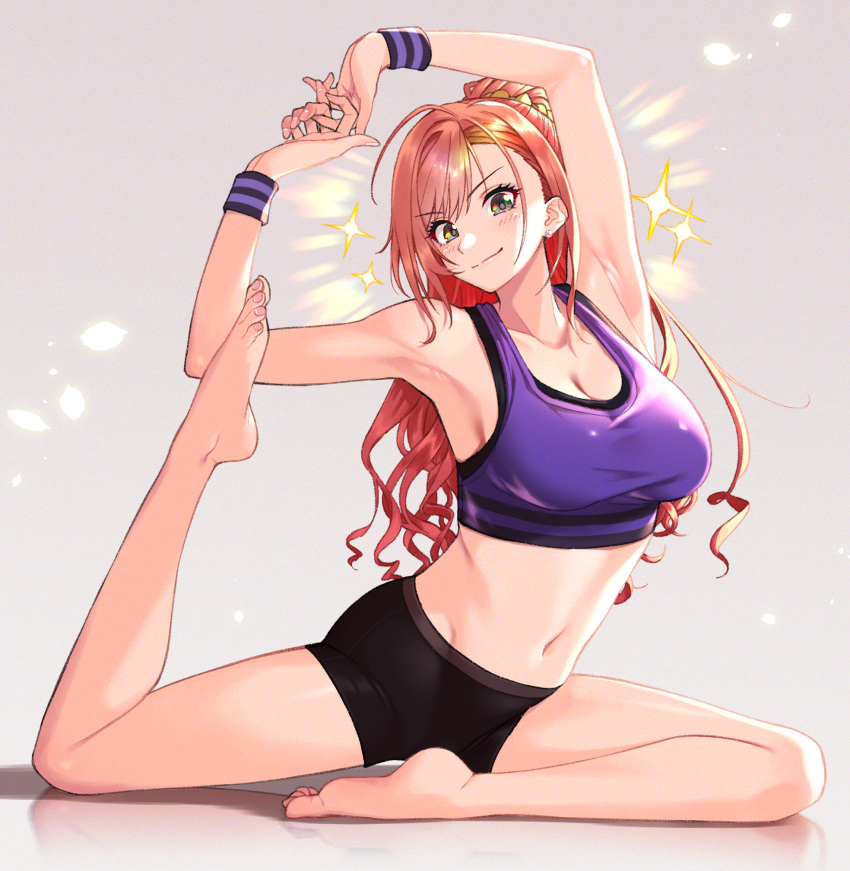 1girl aisu_reizou arisugawa_natsuha armpits arms_up bangs bare_shoulders barefoot bike_shorts blush breasts cleavage collarbone commentary_request earrings eyebrows_visible_through_hair flexible full_body grey_eyes groin hair_between_eyes heart_arms highres idolmaster idolmaster_shiny_colors jewelry large_breasts long_hair looking_at_viewer midriff navel orange_hair own_hands_together ponytail purple_sports_bra shadow sidelocks simple_background smile smug solo sparkle split sports_bra swept_bangs white_background wristband