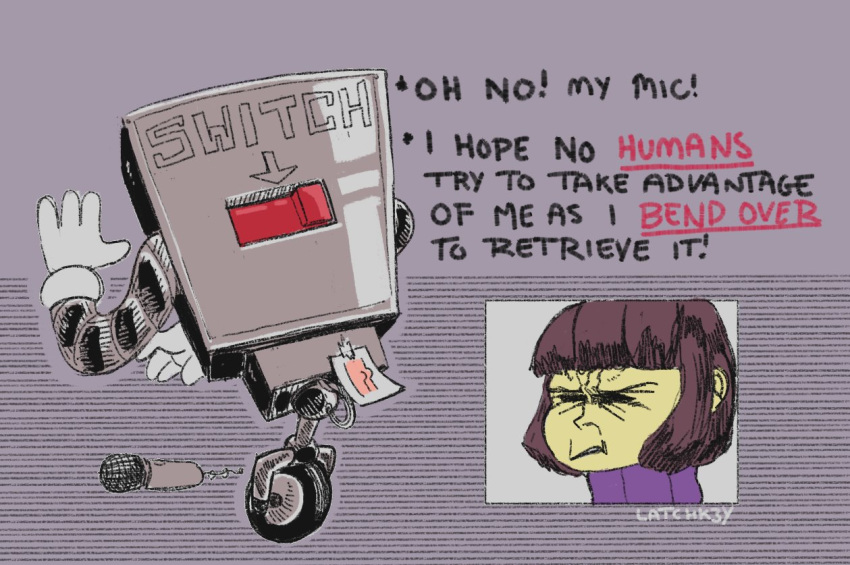 ambiguous_gender brown_hair butt clothing cutaway dialogue directional_arrow disgust duo english_text eyes_closed gloves grey_body hair handwear human humor latchk3y leaning leaning_forward machine mammal metallic_body mettaton microphone not_furry open_mouth photo presenting presenting_hindquarters protagonist_(undertale) rear_view robot scrunchy_face shirt short_hair signature simple_background straight_hair switch tape text topwear undertale video_games wheel yellow_body yellow_skin