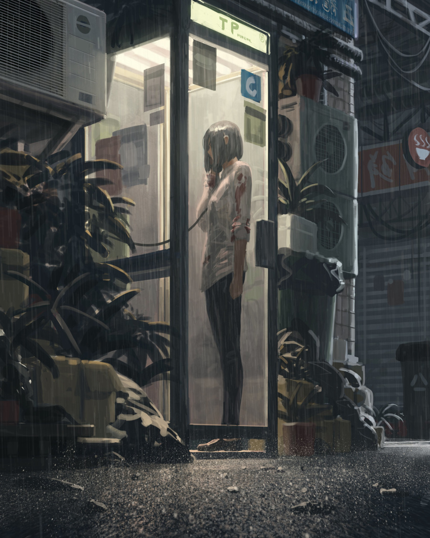 1girl absurdres air_conditioner black_hair black_pants blood bloody_clothes commentary english_commentary flower_pot guweiz hand_up highres holding holding_phone long_sleeves original outdoors pants phone phone_booth plant potted_plant rain shirt short_hair solo trash_can white_shirt