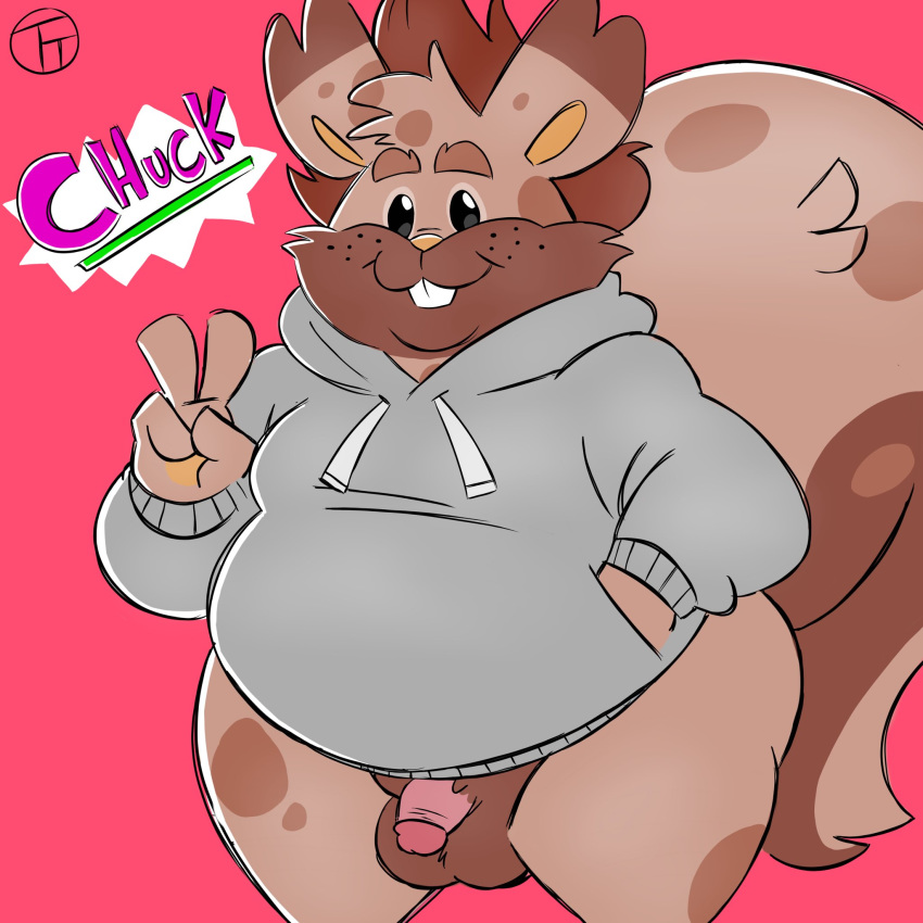 1:1 anthro balls brown_body brown_fur clothed clothing fan_character flaccid fur genitals greedent hi_res hoodie humanoid_genitalia humanoid_penis male mammal nintendo overweight overweight_male penis pok&eacute;mon pok&eacute;mon_(species) red_background rodent simple_background solo text topwear trashtoonz video_games