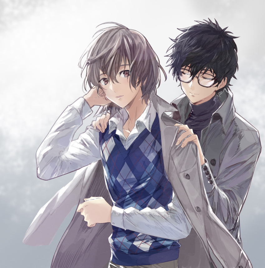 2boys adjusting_another's_clothes amamiya_ren artist_name black-framed_eyewear black_hair brown_eyes closed_eyes coat dressing dressing_another glasses highres long_sleeves male_focus multiple_boys obo parted_lips persona persona_5 plaid plaid_vest popped_collar short_hair simple_background sleeve_cuffs smile sweater_vest turtleneck undershirt vest white_background yaoi