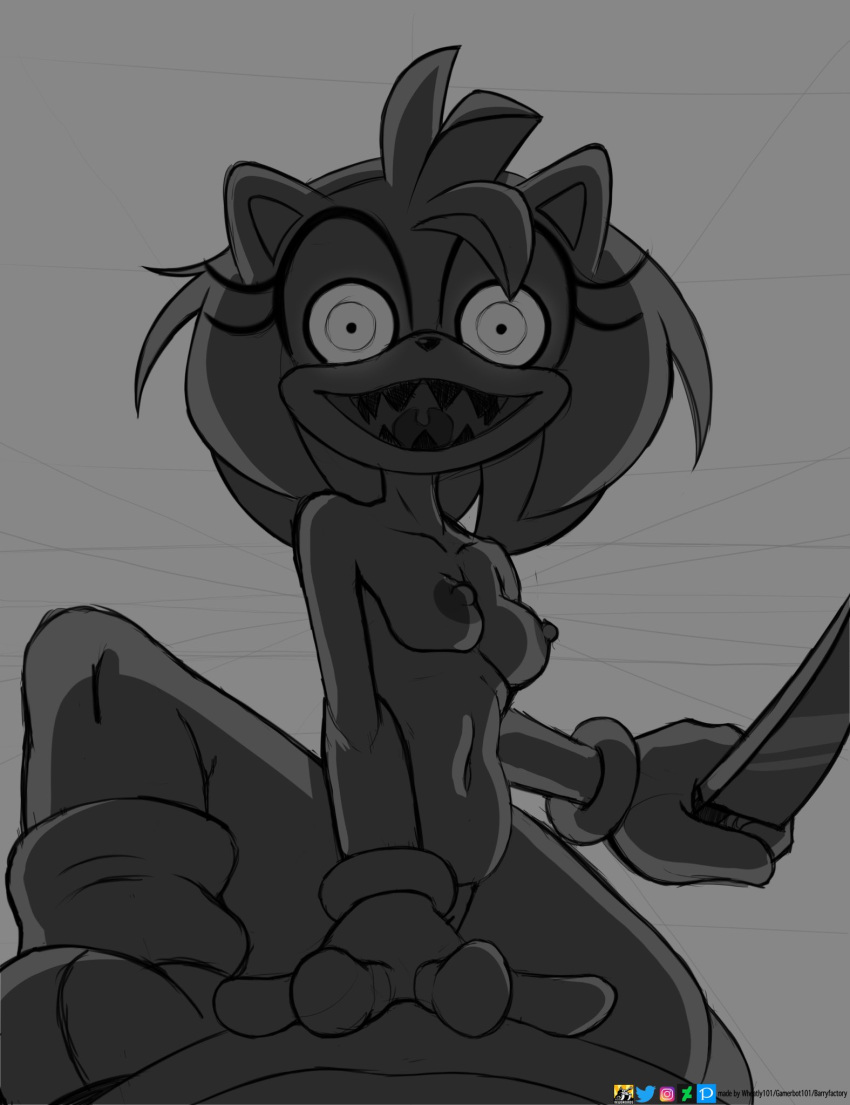 2020 amy_rose anthro barryfactory breasts eulipotyphlan female female_on_top first_person_view greyscale hedgehog hi_res knife looking_at_viewer male male/female mammal monochrome nipples on_top possession scary sex sharp_teeth solo sonic_the_hedgehog_(series) teeth