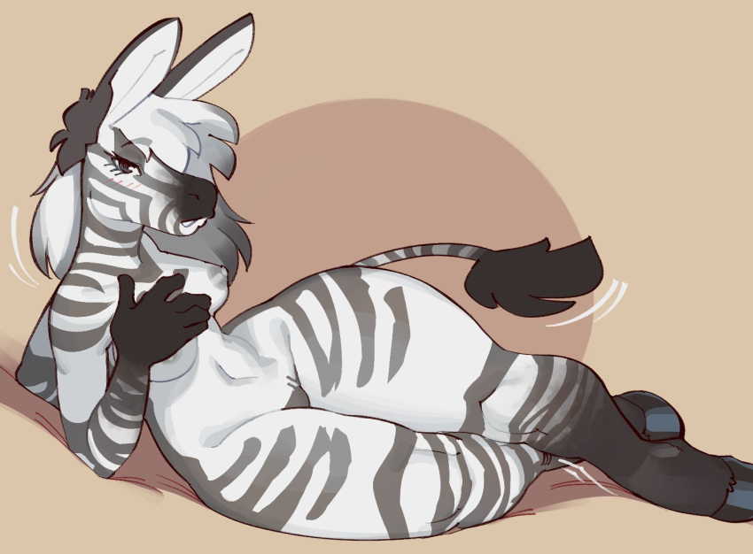 anthro big_ears breasts equid equine female hooves looking_at_viewer lying mammal nipples nude on_side simple_background solo stripes thick_thighs vanessa_(zebra) wamudraws wide_hips zebra