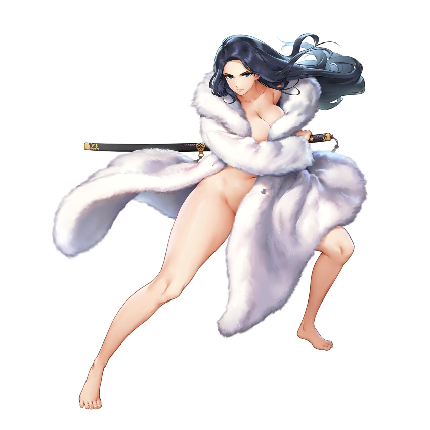1girl barefoot blue_eyes breasts coat fighting_stance floating_hair full_body fur_coat highres holding holding_sword holding_weapon invincible_dragon kakiman katana large_breasts last_origin long_hair long_sleeves naked_coat official_art serious sheath sheathed solo sword transparent_background weapon