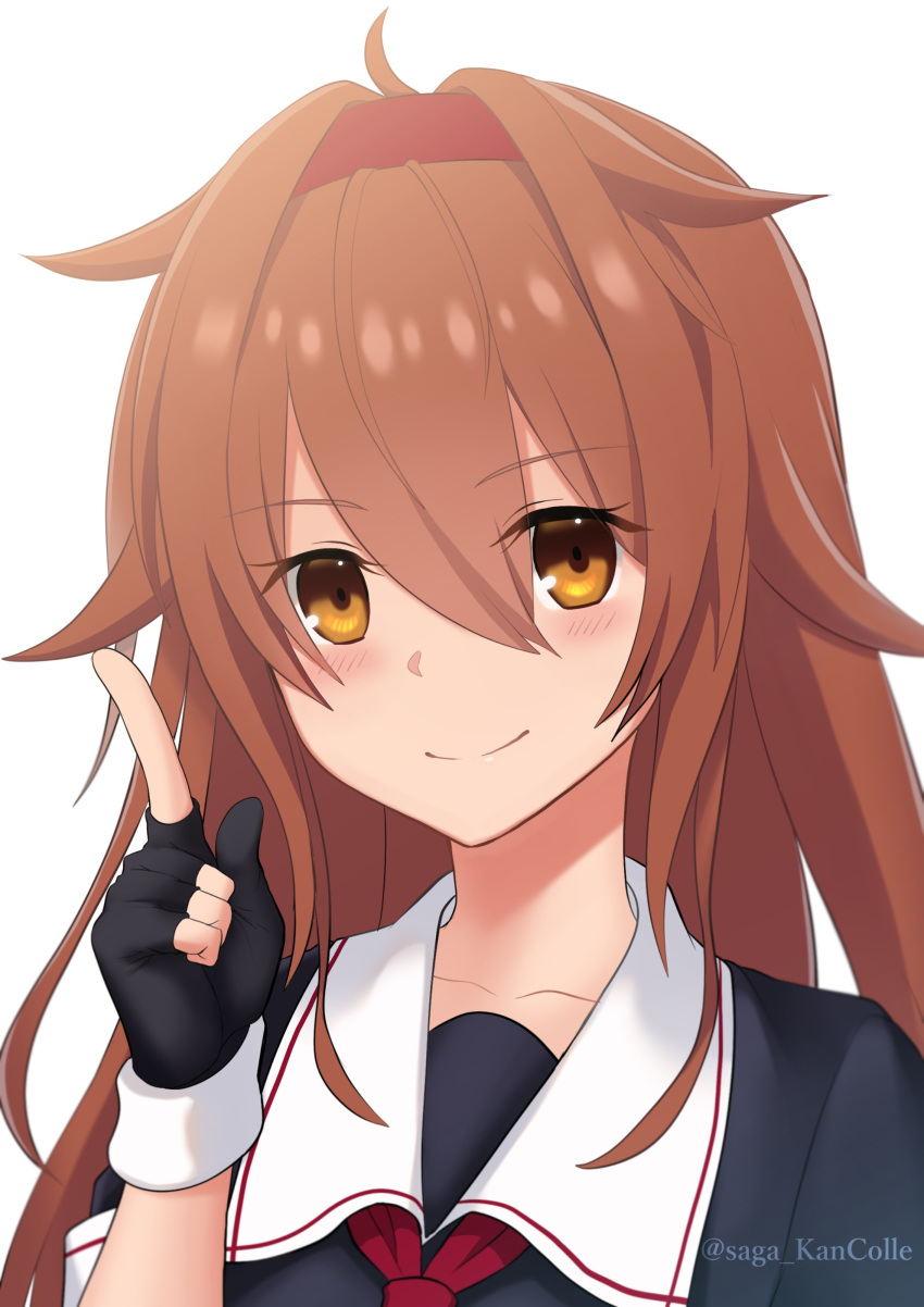 1girl absurdres ahoge black_gloves black_serafuku blush brown_eyes brown_hair eyebrows_visible_through_hair gloves hair_between_eyes hair_flaps hairband highres index_finger_raised kantai_collection long_hair looking_at_viewer neckerchief partially_fingerless_gloves red_hairband red_neckwear remodel_(kantai_collection) saga_(saga_kancolle) school_uniform serafuku shiratsuyu_(kantai_collection) simple_background smile solo upper_body white_background