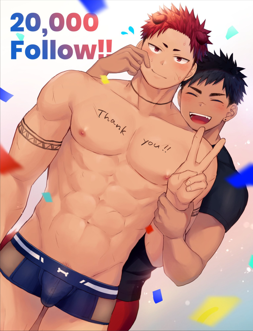 2boys animal_ears arm_tattoo bara black_hair blue_male_underwear blush body_writing boxer_briefs cheek_pinching crossed_arms dog_boy dog_ears dog_tail earrings followers haozz head_on_another's_shoulder highres jewelry kurokawa_keita_(haozz) male_focus multicolored_hair multiple_boys muscle original pinching red_hair reo_(haozz) see-through short_hair tail tattoo thick_thighs thighs two-tone_hair undercut v