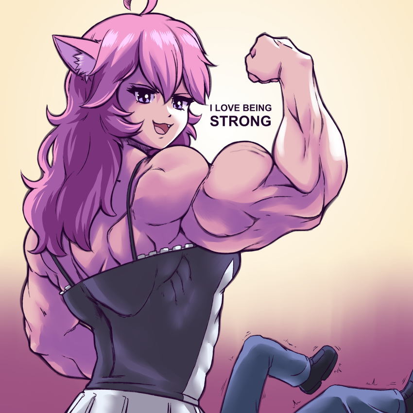 1:1 2020 absurd_res ahoge ambiguous_gender animal_humanoid biceps cat_humanoid clothed clothing cute_fangs dialogue duo english_text felid felid_humanoid feline feline_humanoid female flexing footwear gradient_background hair hi_res humanoid inner_ear_fluff long_hair looking_at_viewer looking_back mammal mammal_humanoid muscular nyanners pink_eyes pink_hair plagueofgripes rear_view shoes simple_background solo_focus text tuft