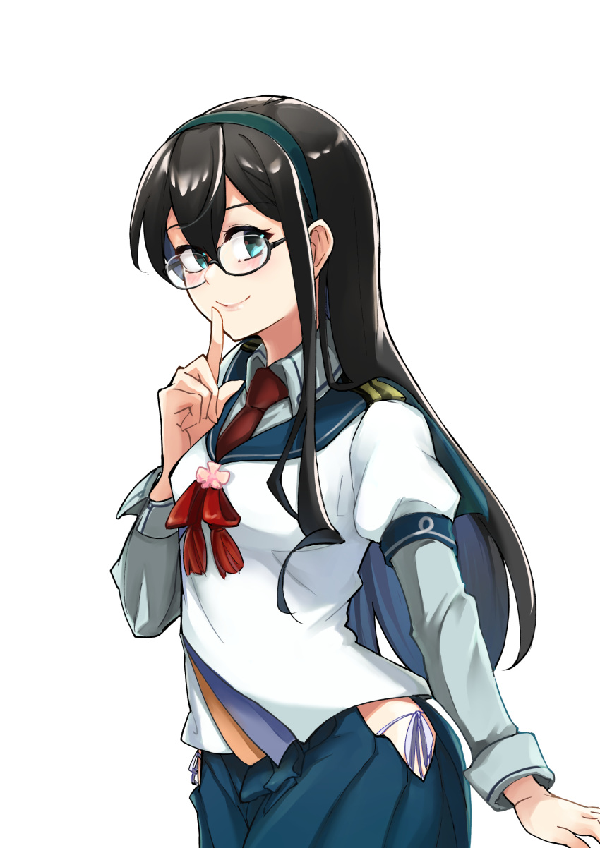 1girl amanattou_shigure black_hair blue_sailor_collar blue_skirt commentary_request finger_to_mouth glasses green_eyes hairband highres hip_vent index_finger_raised kantai_collection long_hair looking_at_viewer necktie ooyodo_(kancolle) panties red_necktie sailor_collar school_uniform semi-rimless_eyewear serafuku side-tie_panties simple_background skirt smile solo thighhighs under-rim_eyewear underwear white_background