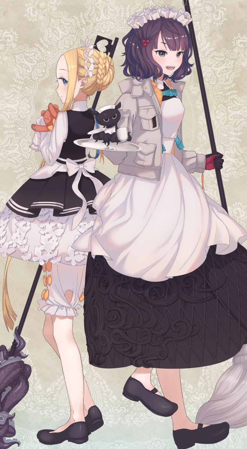 2girls abigail_williams_(fate/grand_order) artist_request bangs black_dress black_footwear blonde_hair blue_eyes blush breasts dress fate/grand_order fate_(series) forehead gloves heroic_spirit_festival_outfit highres jacket katsushika_hokusai_(fate/grand_order) long_hair long_sleeves looking_at_viewer maid_headdress medium_breasts multiple_girls octopus open_clothes open_jacket open_mouth parted_bangs purple_eyes purple_hair sidelocks small_breasts smile stuffed_animal stuffed_toy teddy_bear tokitarou_(fate/grand_order) tray
