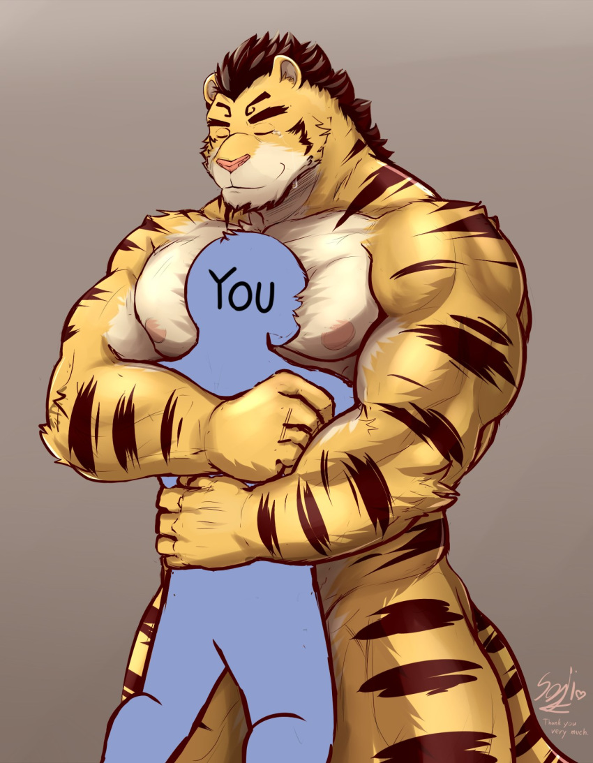 5_fingers anthro biceps bodily_fluids brown_hair crying dripping duo eyes_closed felid fingers fur grey_background hair hi_res hug humanoid male mammal muscular muscular_anthro muscular_male nipples nude pantherine pecs simple_background soji_gr striped_body striped_fur stripes tears tiger yellow_body yellow_fur