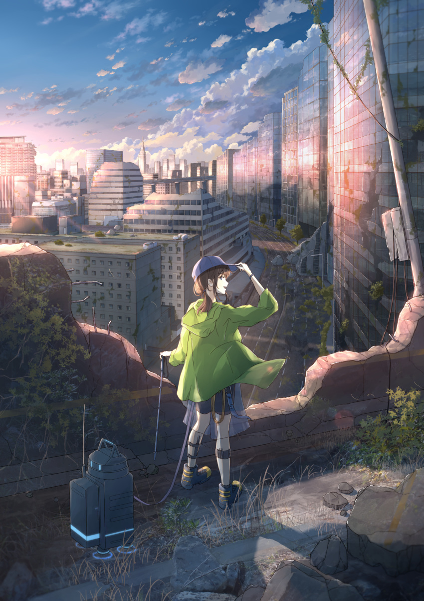 1girl anyotete baseball_cap bike_shorts black_hair brown_hair cityscape cloud evening hat highres looking_at_viewer looking_back original robot ruins scenery sky twilight twintails walking_stick