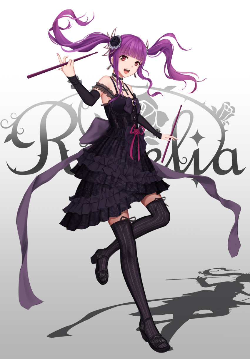 1girl :d bang_dream! bangs black_dress black_flower black_footwear black_legwear black_ribbon black_rose black_sleeves blunt_bangs cross cross_necklace detached_sleeves dress floating_hair flower full_body gothic_lolita gradient gradient_background grey_background hair_flower hair_ornament highres jewelry layered_dress lolita_fashion long_hair long_sleeves nail_polish necklace open_mouth pink_nails purple_hair red_eyes ribbon ribbon-trimmed_legwear ribbon_trim rose roselia_(bang_dream!) shiny shiny_hair short_dress sleeveless sleeveless_dress smile solo standing standing_on_one_leg striped striped_legwear thighhighs twintails udagawa_ako vertical-striped_legwear vertical_stripes white_background yuzuriha zettai_ryouiki