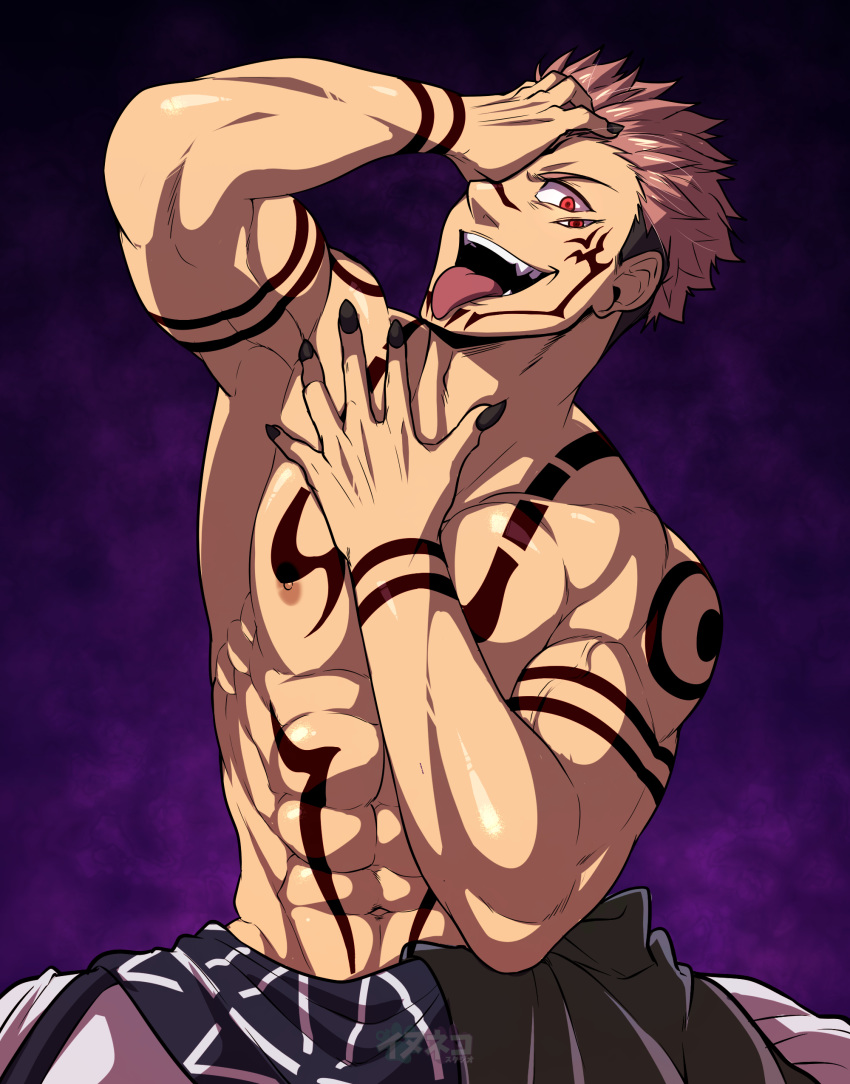 1boy abs absurdres arm_up black_nails extra_eyes hand_on_own_face highres inunekostudio itadori_yuuji jujutsu_kaisen looking_at_viewer male_focus muscle navel nipples one_eye_covered pink_hair red_eyes ryoumen_sukuna_(jujutsu_kaisen) shirtless short_hair solo tattoo tongue tongue_out veins