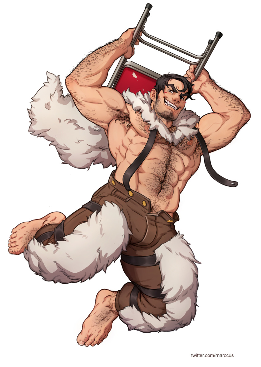 1boy abs arm_hair armpit_hair armpits bara bare_chest beard beowulf_(skullgirls) black_hair body_hair brown_pants bulge chest chest_hair facial_hair full_body hairy highres jumping male_focus marcus_(rnarccus) muscle navel navel_hair nipples open_pants pants pelt short_hair skullgirls smile solo stubble suspenders thick_thighs thighs white_background