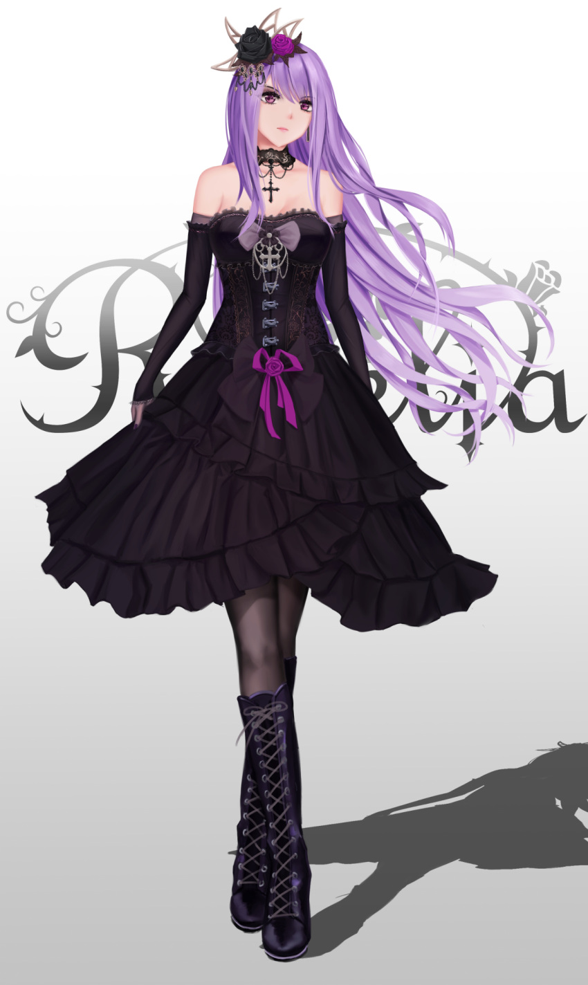 1girl bang_dream! bangs black_dress black_flower black_footwear black_legwear black_nails black_rose black_sleeves boots breasts choker cleavage collarbone cross cross_necklace detached_sleeves dress floating_hair flower full_body gothic_lolita gradient gradient_background grey_background hair_flower hair_ornament highres jewelry knee_boots layered_dress lolita_fashion long_hair long_sleeves medium_breasts minato_yukina nail_polish necklace pantyhose purple_flower purple_hair purple_rose red_eyes rose roselia_(bang_dream!) shiny shiny_hair sleeveless sleeveless_dress solo standing strapless strapless_dress swept_bangs very_long_hair white_background yuzuriha