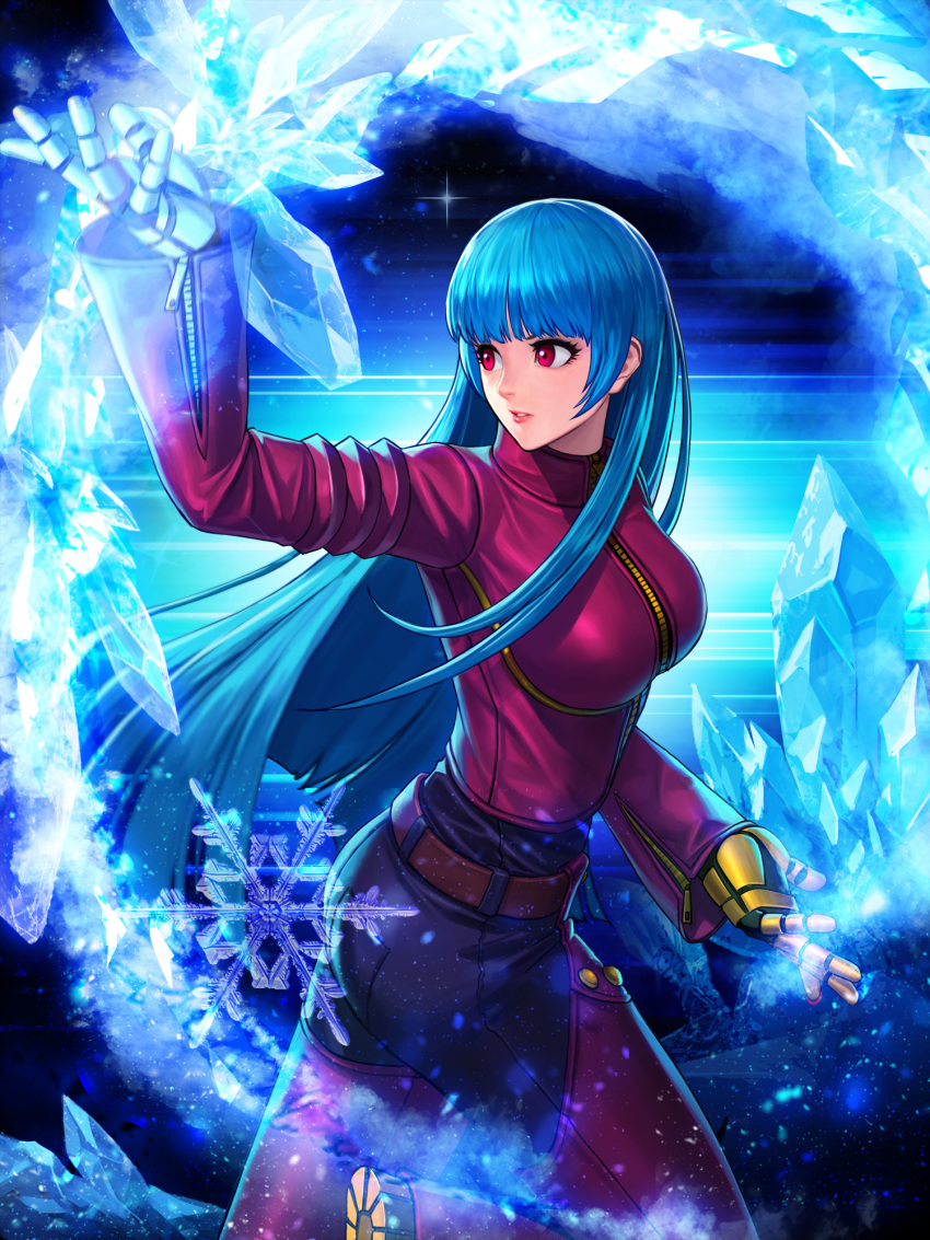 1girl bangs belt blue_hair bodysuit breasts gloves glowing highres ice kula_diamond long_hair medium_breasts official_art purple_eyes simple_background snowflakes the_king_of_fighters the_king_of_fighters_all-stars zipper