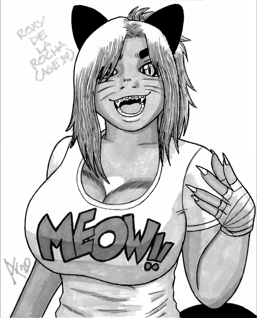 aaronhibiki animal_humanoid big_breasts black_and_white braces breasts cat_humanoid clawed_fingers cleavage clothed clothing dark_skin eyebrows fangs felid felid_humanoid feline feline_humanoid female gloves hair handwear hi_res huge_breasts humanoid mammal mammal_humanoid monochrome ponytail pupils roxy_de_la_rocha_(aaronhibiki) slit_pupils small_waist solo thick_eyebrows tight_clothing