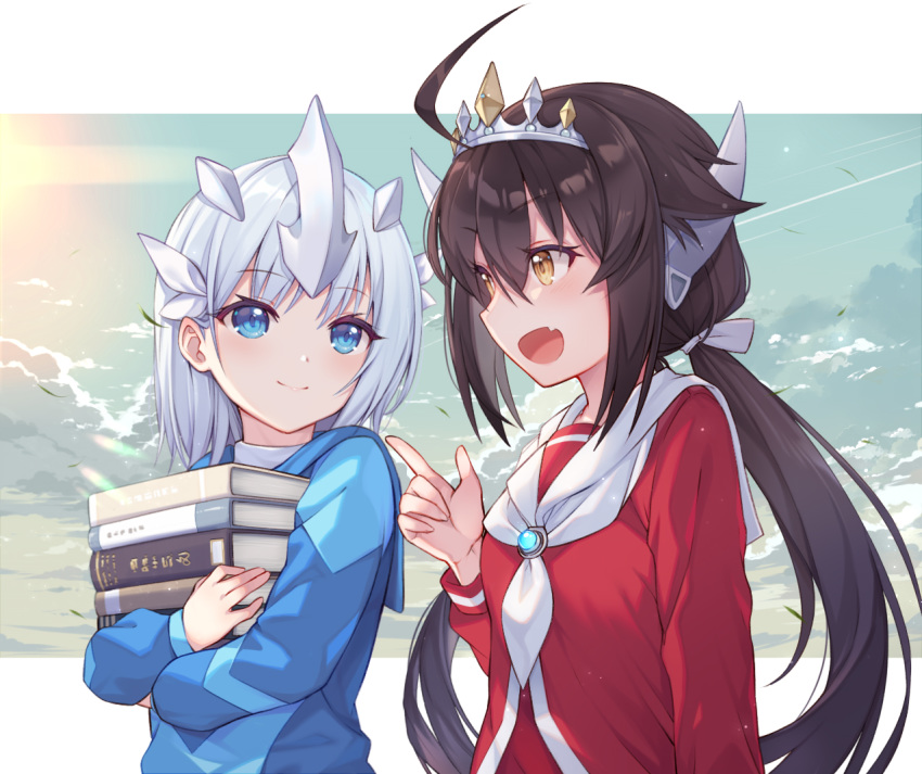 2girls ahoge bangs blue_eyes blue_shirt blush book book_stack brown_eyes brown_hair character_request closed_mouth commentary_request crown fang gem grey_hair hair_between_eyes hair_ornament hand_up holding holding_book index_finger_raised long_hair long_sleeves looking_at_another multiple_girls neckerchief object_hug open_mouth pointing_at_another ponytail red_shirt sailor_collar school_uniform serafuku shirt sky smile taro_(ultrataro) twintails ultra_series ultraman_(1st_series) ultraman_tarou upper_body