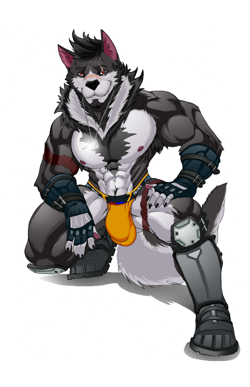 absurd_res anthro armpit_hair body_hair bulge canid canine canis chest_hair clothing demonpuppy dog_tags hi_res jockstrap krowlfer male mammal muscular police_officer police_uniform pubes scar solo underwear uniform were werecanid werecanine werewolf wolf