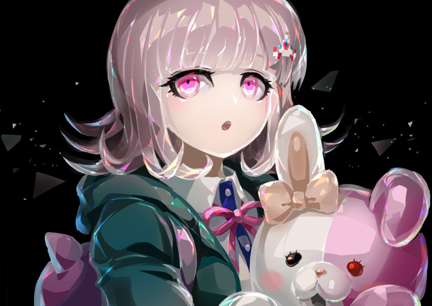 1girl :o backpack bag bangs black_background black_eyes cat_bag commentary_request crystal_hair danganronpa dress_shirt ear_ribbon eyebrows_visible_through_hair flipped_hair green_jacket hair_ornament highres jacket light_brown_hair looking_at_viewer monomi nanami_chiaki open_mouth pink_bag pink_eyes pink_ribbon red_eyes ribbon shirt solo super_danganronpa_2 upper_body white_shirt youko-shima