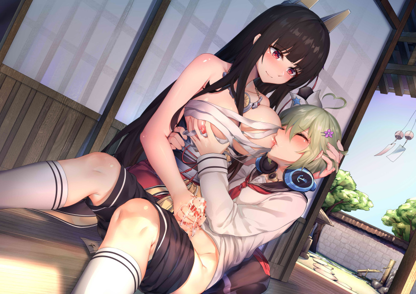 1boy 1girl absurdres age_difference ahoge akagi_(warship_girls_r) areolae arm_around_waist bangs between_breasts black_hair black_sailor_collar black_shorts blouse blunt_bangs blush breast_grab breast_sucking breasts censored character_request closed_eyes cum day dutch_angle ejaculation eyebrows_visible_through_hair flower grabbing green_hair hair_between_eyes hair_flower hair_ornament hairclip hand_on_another's_head handjob headgear headphones headphones_around_neck heart_ahoge hetero highres japanese_clothes jewelry kimono kimono_pull kneehighs lactation large_breasts long_hair long_sleeves looking_at_another neckerchief necklace nipples nose_blush nursing_handjob obi on_floor outdoors penis porch ray_(pixiv9514208) red_eyes red_kimono sailor_collar sarashi sash school_uniform shorts shorts_pull sitting smile very_long_hair warship_girls_r watch white_blouse white_legwear wind_chime