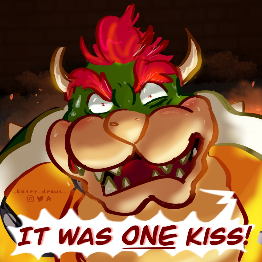 1:1 2020 2_horns anthro armband blush bodily_fluids bowser dialogue english_text green_shell hair hi_res horn kairy_draws koopa looking_at_viewer male mario_bros nintendo open_mouth red_eyes red_hair scales scalie sharp_teeth shell shout solo speech_bubble sweat sweatdrop talking_to_viewer tan_body tan_horns tan_scales teeth text video_games white_body white_scales yellow_body yellow_scales