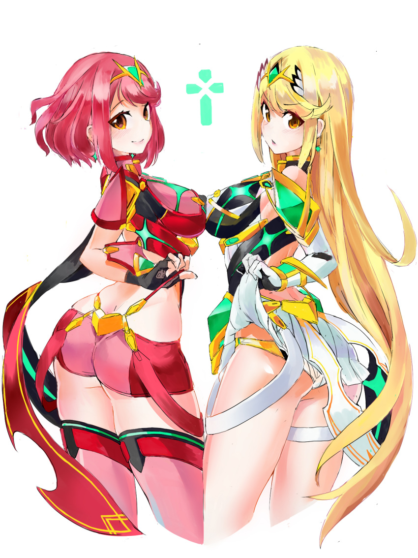 blonde_hair breast_press breasts highres large_breasts long_hair miniskirt mythra_(xenoblade) panties panty_pull pantyshot pyra_(xenoblade) red_hair short_hair skindentation skirt symmetrical_docking tim_(a9243190a) underwear xenoblade_chronicles_(series) xenoblade_chronicles_2 yellow_eyes