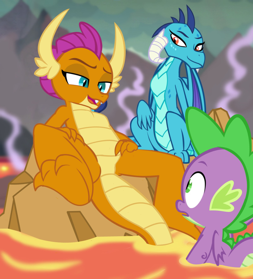 3_fingers 3_toes absurd_res breasts dragon dragon_wings female fingers friendship_is_magic group hasbro hi_res lava male male/female my_little_pony princess_ember_(mlp) smile smolder_(mlp) spike_(mlp) spread_legs spreading succubi_samus toes