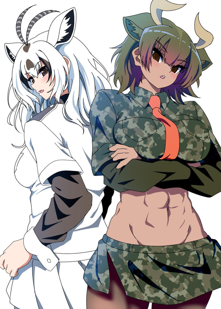 2girls abs animal_ears antenna_hair arabian_oryx_(kemono_friends) arms_at_sides aurochs_(kemono_friends) bangs black_hair brown_eyes brown_hair camouflage camouflage_shirt camouflage_skirt collared_shirt cow_ears cow_girl cow_horns cowboy_shot cropped_shirt crossed_arms dark_skin empty_eyes eyebrows_visible_through_hair gazelle_ears green_hair groin head_tilt highres horns kemono_friends long_hair long_sleeves looking_at_viewer lowleg lowleg_skirt medium_hair microskirt midriff miniskirt multicolored_hair multiple_girls necktie open_mouth pleated_skirt quatre_aaaa red_neckwear shirt short_over_long_sleeves short_sleeves side_slit simple_background skirt stomach toned two-tone_hair white_background white_hair white_shirt white_skirt wing_collar