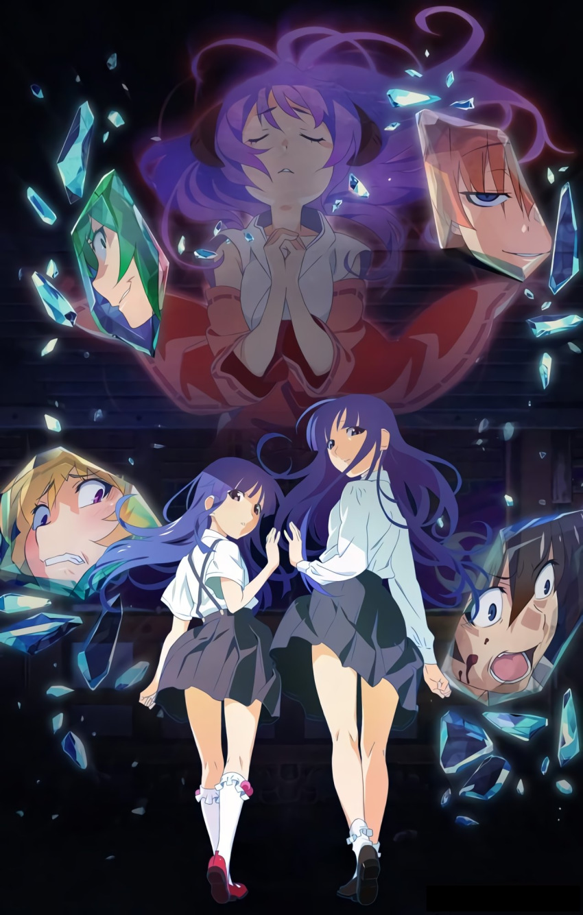 furude_rika hanyuu highres higurashi_no_naku_koro_ni horns houjou_satoko japanese_clothes maebara_keiichi miko official_art older purple_hair ryuuguu_rena school_uniform sonozaki_shion