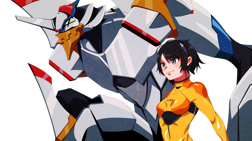 1girl absurdres black_hair breasts crossover eva_01 green_eyes gud_luck highres hololive hololive_english horns looking_ahead mecha neon_genesis_evangelion oozora_subaru pilot_suit plugsuit short_hair single_horn small_breasts virtual_youtuber white_background yellow_eyes