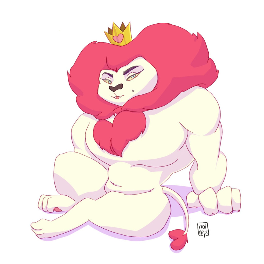 1:1 anthro beauty_mark cartoon_network crown featureless_crotch felid hair hi_res king king_snugglemagne_xxv lion male mammal mane mane_hair mao_mao:_heroes_of_pure_heart muscular muscular_male noinipi nude pantherine pecs royalty sitting solo