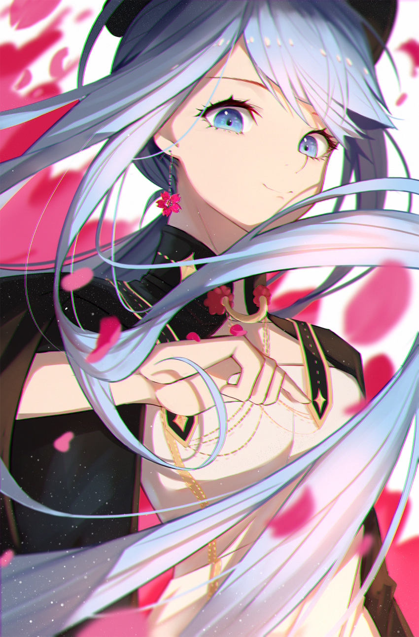 1girl alternate_costume blue_eyes blue_hair cherry_blossoms chinese_commentary close-up commentary_request earrings falling_petals floating_hair hatsune_miku highres japanese_clothes jewelry jijing_zishui looking_down necklace senbon-zakura_(vocaloid) smile solo vocaloid wide_sleeves