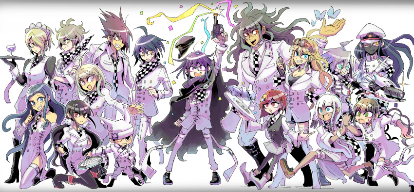 6+boys absurdres ahoge akamatsu_kaede alternate_color amami_rantarou android antenna_hair arm_up bangs black_cape black_hair black_headwear black_legwear blonde_hair blue_eyes blue_hair boots brown_footwear bug butterfly cape chabashira_tenko checkered checkered_neckwear checkered_scarf collared_shirt commentary_request danganronpa dress everyone glasses gloves gokuhara_gonta green_eyes green_hair gun hair_over_one_eye hand_up harukawa_maki hat highres holding holding_gun holding_tray holding_weapon hoshi_ryouma huge_filesize insect iruma_miu jacket keebo kumakoro_(tetsupag) long_hair looking_at_viewer maid maid_headdress mask medium_hair momota_kaito mouth_mask multiple_boys new_danganronpa_v3 one_eye_closed open_mouth ouma_kokichi pants pantyhose purple_eyes purple_hair red_eyes red_hair running saihara_shuuichi scarf shinguuji_korekiyo shirogane_tsumugi shirt short_hair skirt smile sweater_vest toujou_kirumi tray weapon white_dress white_hair white_headwear white_jacket white_pants white_skirt yellow_eyes yonaga_angie yumeno_himiko