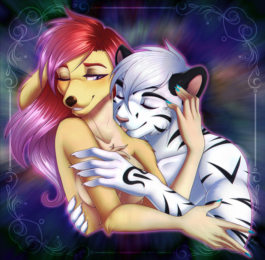 2020 5_fingers anthro ariveil arm_tuft bird_dog black_stripes blue_eyes breasts canid canine canis chest_tuft convenient_censorship digital_media_(artwork) domestic_dog elbow_tufts eyebrows eyelashes eyes_closed felid female fingers fur hair hi_res hunting_dog husband_and_wife licking love male mammal married_couple nude one_eye_closed pantherine pink_nose red_hair retriever romantic_ambiance romantic_couple smile striped_body striped_fur stripes tasteful tasteful_nudity tiger tongue tongue_out tuft white_body white_fur white_hair yellow_body yellow_fur