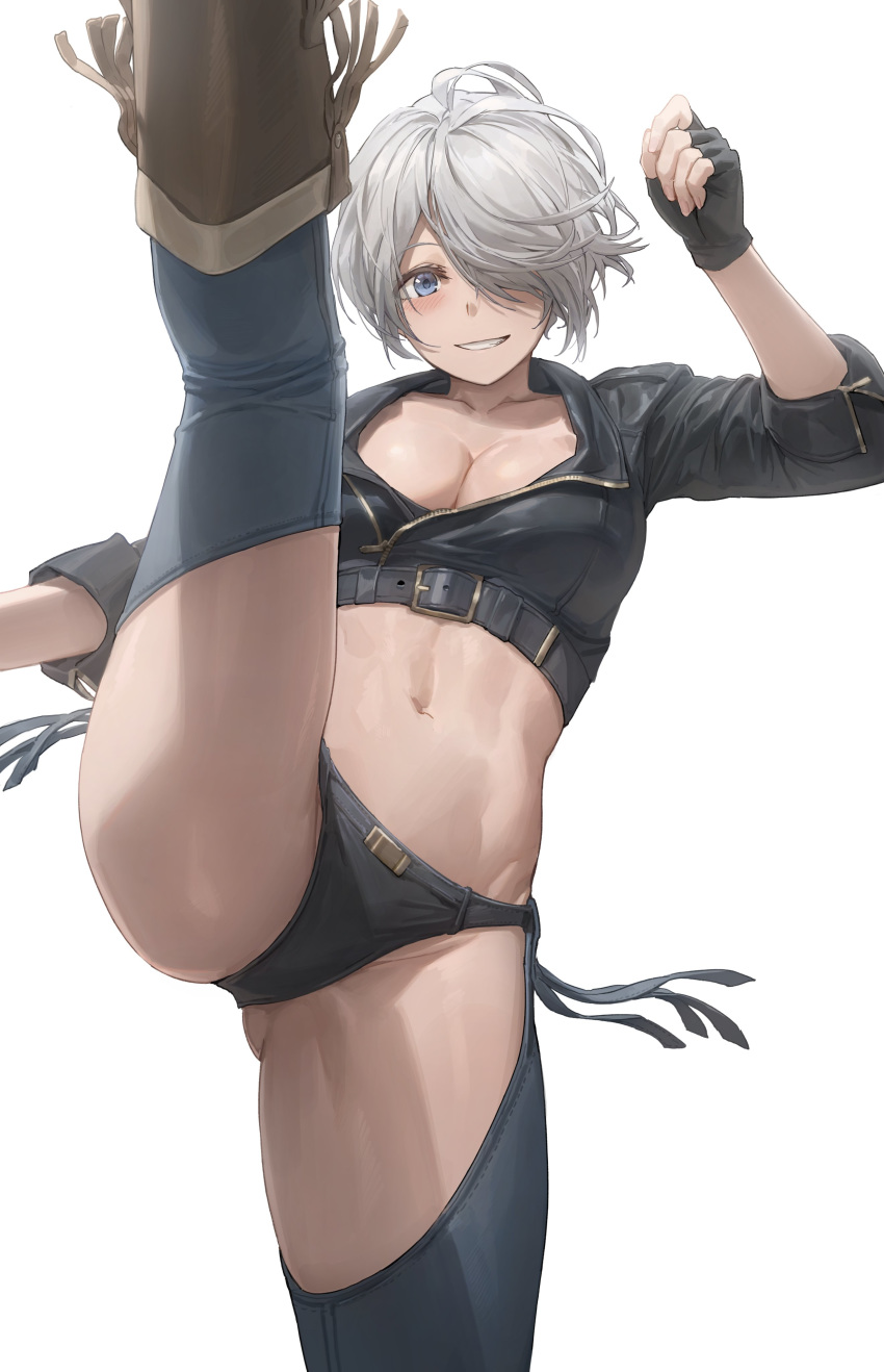 1girl absurdres angel_(kof) bangs blue_eyes blush breasts chaps highres large_breasts looking_at_viewer midriff short_hair silver_hair simple_background smile the_king_of_fighters white_background yohan1754