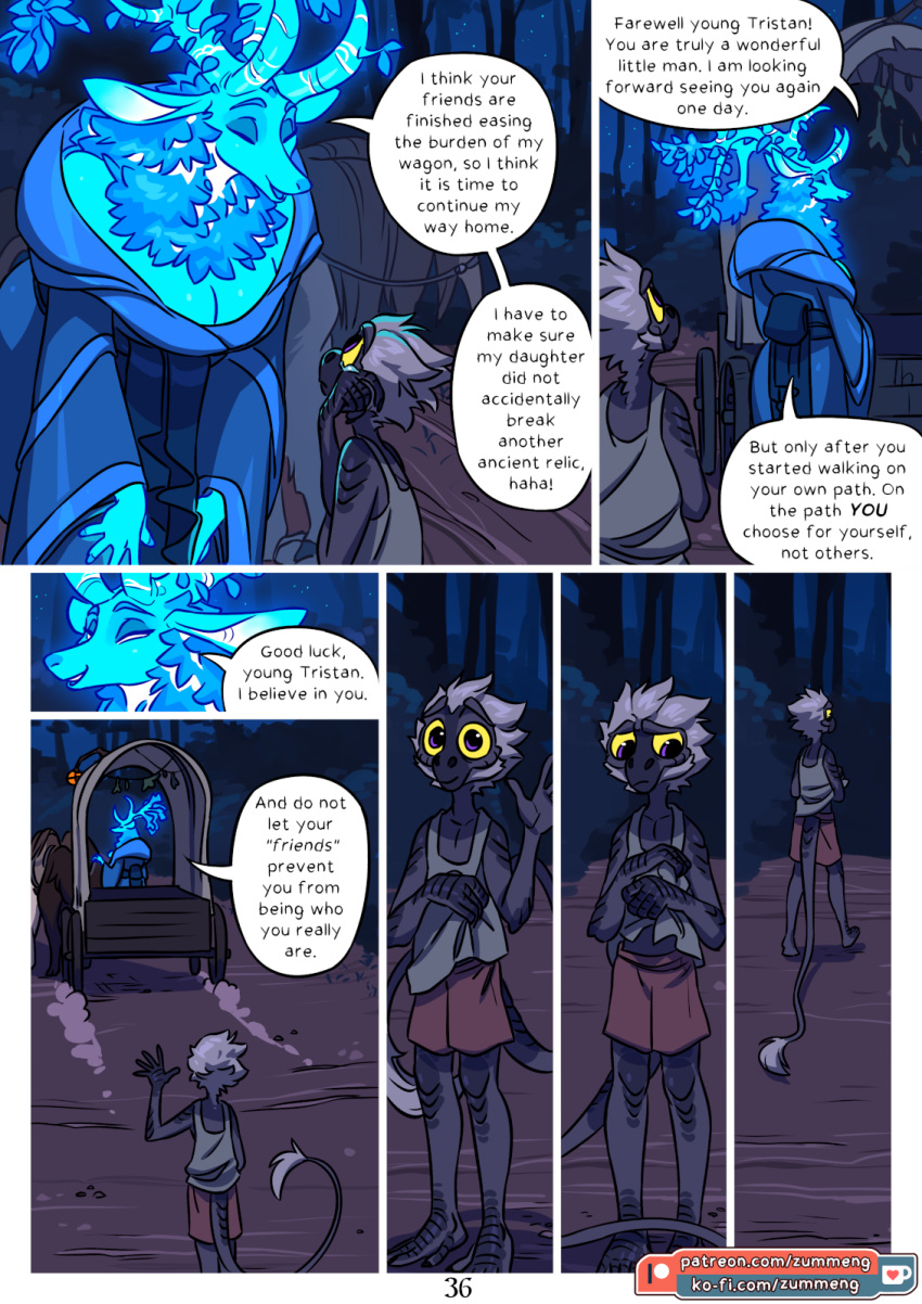 5_fingers anthro breasts cervid clothed clothing comic detailed_background english_text female fingers forest grass haplorhine hi_res luna_(zummeng) male mammal monkey night outside primate purple_eyes smile text toes tree tristan_(zummeng) yellow_sclera zummeng