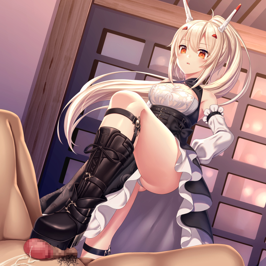 1boy 1girl absurdres arm_up armpits asisuki ayanami_(azur_lane) ayanami_(nightfall_raiment)_(azur_lane) azur_lane bare_shoulders black_dress black_footwear blonde_hair boots breasts cleavage commentary_request cum detached_sleeves dress ejaculation footjob frilled_dress frills hair_ornament headgear highres indoors knee_boots leg_belt long_hair long_sleeves looking_down male_pubic_hair ponytail pubic_hair puffy_sleeves red_eyes shoejob small_breasts solo_focus standing thighs