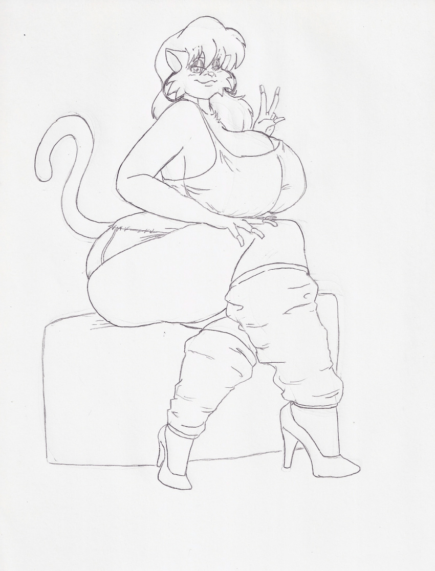 anthro big_breasts breasts cleo_catillac clothed clothing domestic_cat eyeshadow felid feline felis female footwear heathcliff_and_the_catillac_cats hi_res high_heels krocialblack leg_warmers legwear looking_at_viewer makeup mammal shoes sitting smile solo thick_thighs thigh_highs topwear