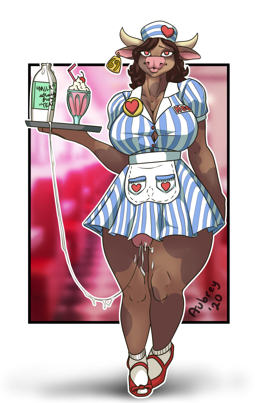 &lt;3 &lt;3_eyes absurd_res anthro bodily_fluids bovid bovine cattle clothing cum diner genital_fluids gynomorph hi_res intersex mammal mature_(disambiguation) milkshake pinup pose sharkfloof smile solo standing uniform waiter waitress_outfit