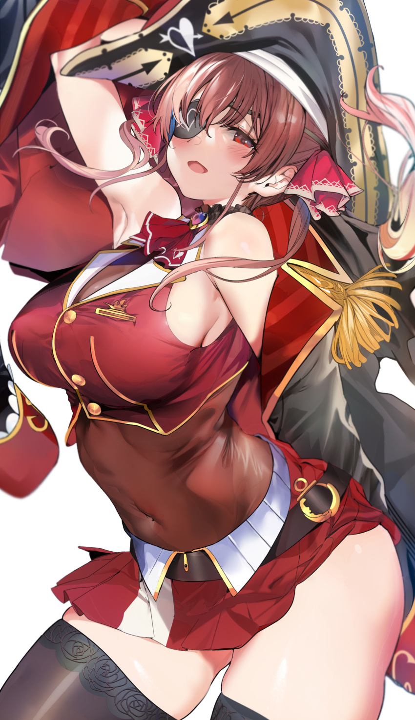 1girl ascot bangs belt bicorne black_legwear blush breasts brooch covered_navel crop_top epaulettes gold_trim hair_ribbon hat highres hololive houshou_marine jacket jewelry large_breasts long_hair long_sleeves looking_at_viewer marushin_(denwa0214) miniskirt off_shoulder open_clothes open_jacket open_mouth pirate_costume pleated_skirt red_eyes red_jacket red_ribbon red_skirt ribbon skirt smile thighhighs thighs twintails two-tone_skirt virtual_youtuber