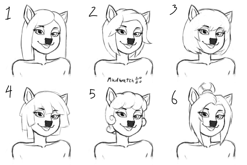3:2 absurd_res anthro bare_shoulders bob_cut cervid curled_hair female group hair hairstyle_change hi_res long_hair mammal monochrome mudwatch nameless_character short_hair smile topknot