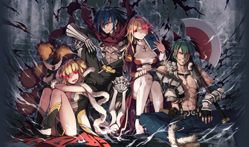 2boys 2girls abs arm_on_knee armored_boots assassin_cross_(ragnarok_online) axe bad_source bangs bare_chest belt bible bio_lab black_cape black_gloves black_pants black_shirt blonde_hair blue_hair blue_pants blunt_bangs book boots breasts brown_dress brown_footwear cape cross double_bun dress eremes_guile eyebrows_visible_through_hair fingerless_gloves fur-trimmed_cape fur-trimmed_gloves fur_trim gauntlets gem gloves glowing glowing_eyes green_hair hair_between_eyes hand_on_thigh high_priest_(ragnarok_online) high_wizard_(ragnarok_online) highres holding holding_axe holding_book holding_staff howard_alt-eisen jewelry katheryne_keyron lena_(zoal) long_hair long_sleeves looking_at_viewer lord_of_vermilion lord_of_vermilion_arena margaretha_solin medium_breasts multiple_boys multiple_girls muscle necklace official_art open_clothes open_shirt pants pectorals promotional_art ragnarok_online red_dress red_eyes red_scarf scarf shirt short_dress short_hair sitting skull smile spread_legs staff stairs teeth thighhighs torn_cape torn_clothes torn_dress torn_legwear torn_sleeves two-tone_dress two-tone_footwear veins white_background white_dress white_footwear white_shirt whitesmith_(ragnarok_online)