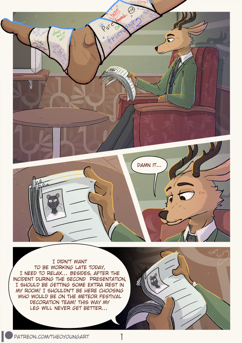 anthro antlers beastars brown_body brown_eyes brown_fur brown_nose cervid clothed clothing comic english_text felid fur furniture hi_res horn louis_(beastars) male male/male mammal page_(disambiguation) pantherine reading sofa solo suit tao_(beastars) text theo_young url