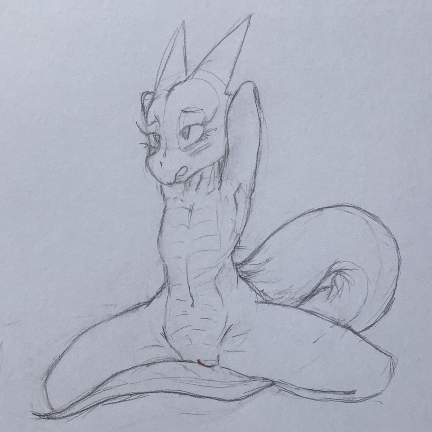 1:1 anthro bedroom_eyes bestbake blush female flat_chested genitals grinding hands_behind_head hi_res horn kobold long_tail masturbation narrowed_eyes pussy scalie seductive sitting sitting_on_tail slim solo spread_legs spreading stretching