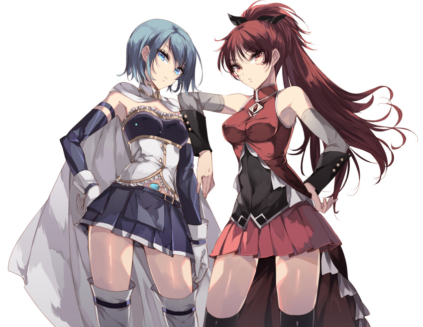 2girls absurdres black_legwear blue_eyes blue_hair bow cape gloves hair_bow hair_ornament hairclip hand_on_hip highres long_hair magical_girl mahou_shoujo_madoka_magica miki_sayaka misteor multiple_girls polearm ponytail red_eyes red_hair sakura_kyouko short_hair simple_background spear sword thighhighs weapon white_background white_gloves white_legwear