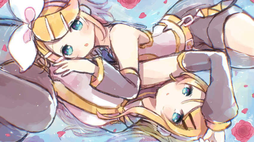 2girls :o bare_shoulders blonde_hair blue_eyes bow detached_sleeves dual_persona flower future_style_(module) hair_bow hair_ornament hairclip half-closed_eyes highres kagamine_rin leaning_on_person looking_at_viewer lying multiple_girls older on_back on_side partially_submerged petals sailor_collar shirt shorts sketch sleeveless sleeveless_shirt thighhighs vocaloid water yuirinex